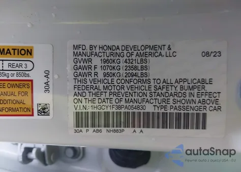 2023 Honda Accord Ex from USA, damaged, VIN 1HGCY1F38PA054830